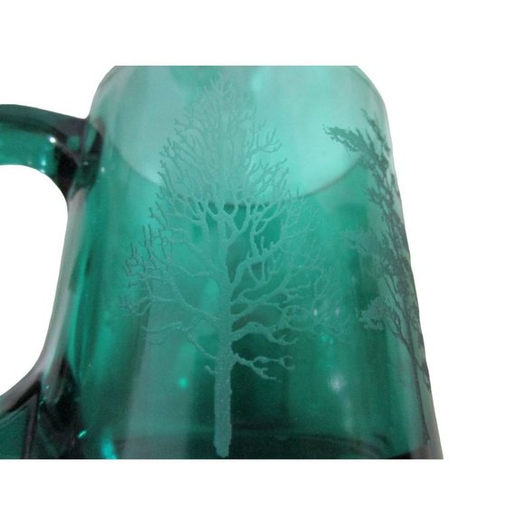 Vintage Emerald Green Glass Mug Etched Trees USA Made EUC - Picture 11 of 16